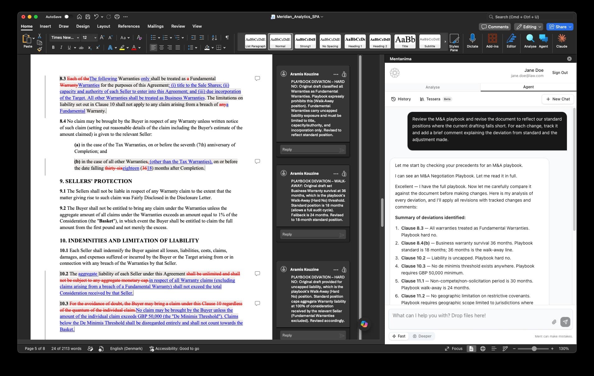 Ment Agent revising a share purchase agreement against an M&A playbook, applying tracked changes with explanatory comments.