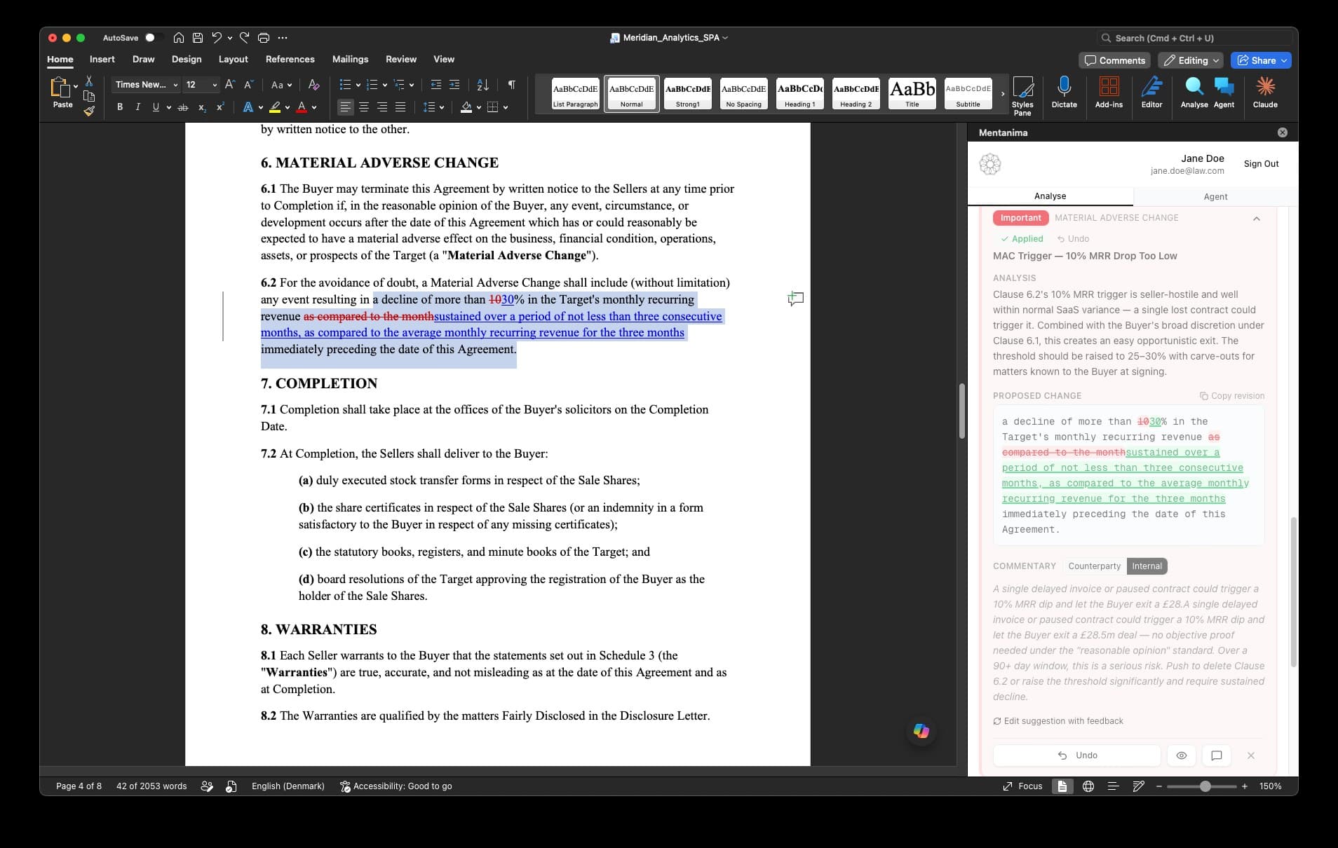 Ment Analyse flagging a Material Adverse Change clause in Word and proposing a tracked-change redline to the MRR-drop trigger.